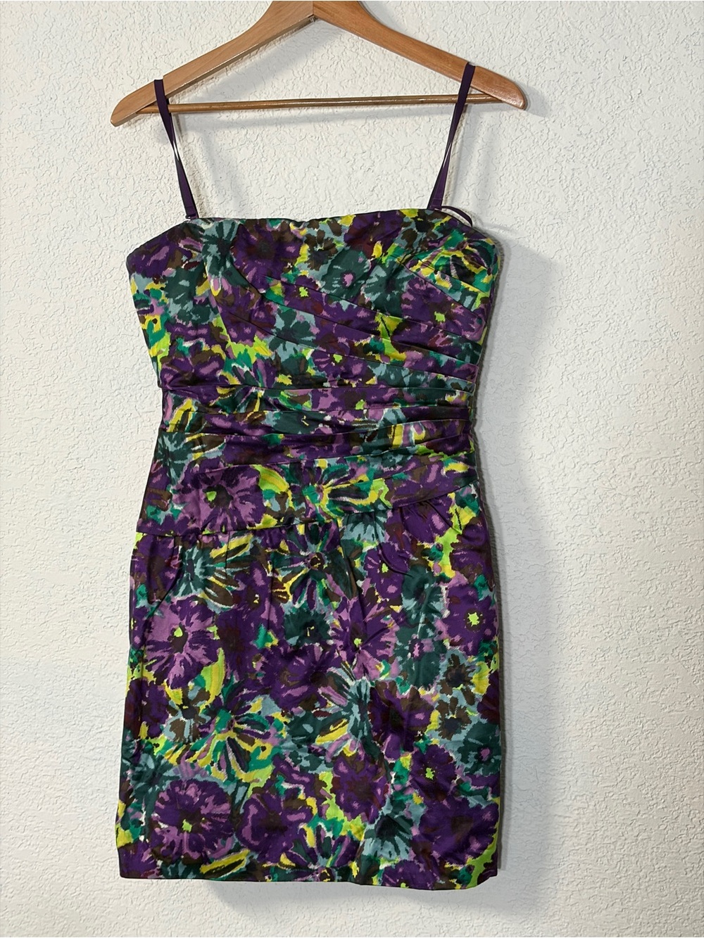 BCBG Max Azria Purple and Green Floral Strapless Mini Dress removable straps
